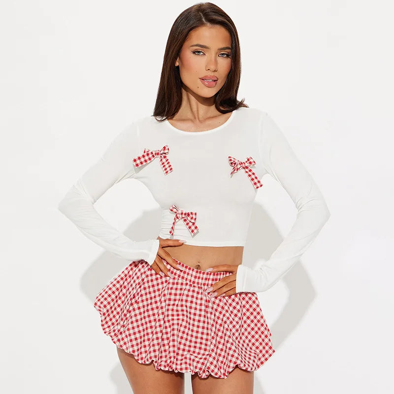2025 Autunmn Sweet 2 Piece Sets Women Outfit Y2k Streetwear Long Sleeves Bow Patchwork Crop Top Bubble Puff Skirt Fashion Suits