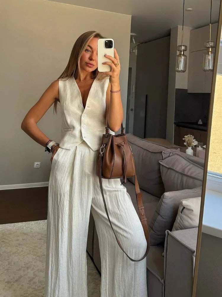 2025 Women's Cotton Linen Vest Pant Set Breathable Sleeveless Deep V Neck Suit Loose Fit Casual Outfit For Commuting Daily Wear