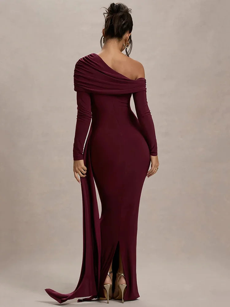 Mozision Skew Collar Long Sleeve Sexy Maxi Dress For Women Gown Fashion Backless Draped Ruched Bodycon Club Long Dress Elegant