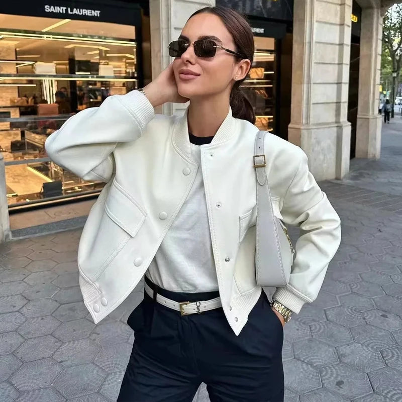 HXAO Woman Bomber Jacket Coat White Autumn Winter Button Baseball Aviator Cropped Jackets for Women Long Sleeve Crop Outerwear