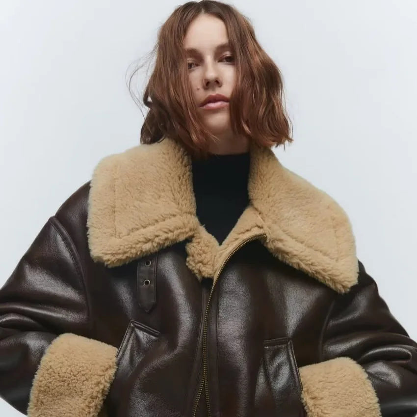 New Women Thick Warm Faux Leather Fur Jacket Autumn Winter Female Streetwear Moto Biker Zipper Coat Vintage Outwear 2025