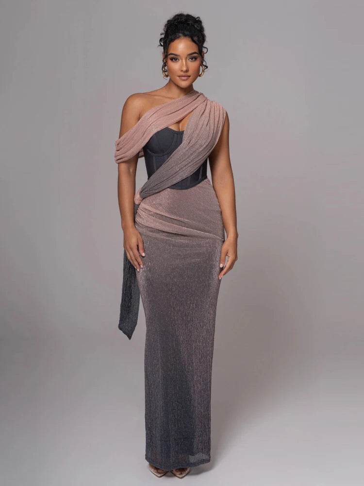 Sexy One Shoulder Draped Glitter Long Dress Women Brown Corset Sparkly Backless Bodycon Maxi Dresses Evening Party Gowns