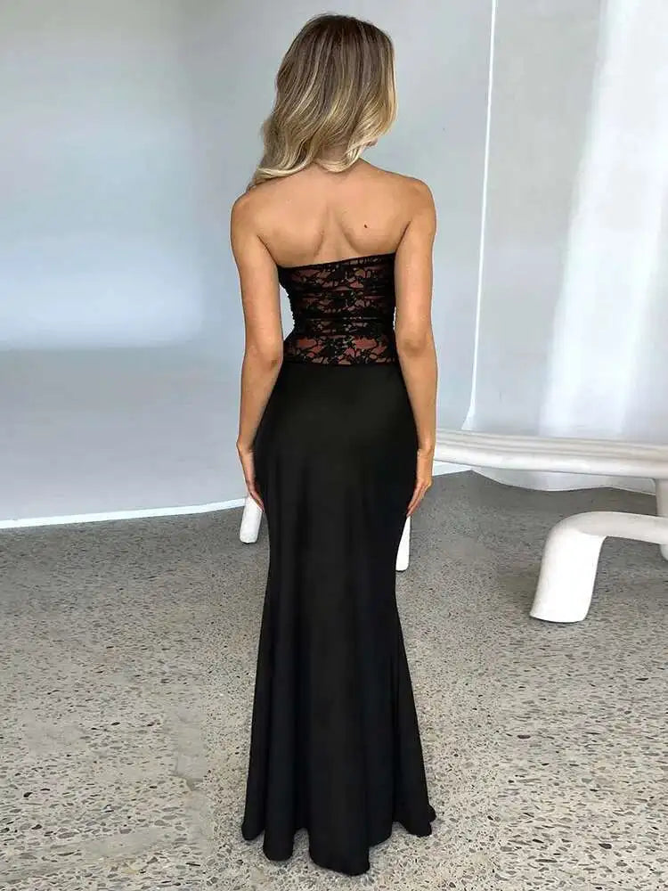 JULISSA MO Patchwork Sexy Strapless Sheer Lace Women Mermaid Dress Black Backless Maxi Dress Summer Slim Elegant Party Clubwear