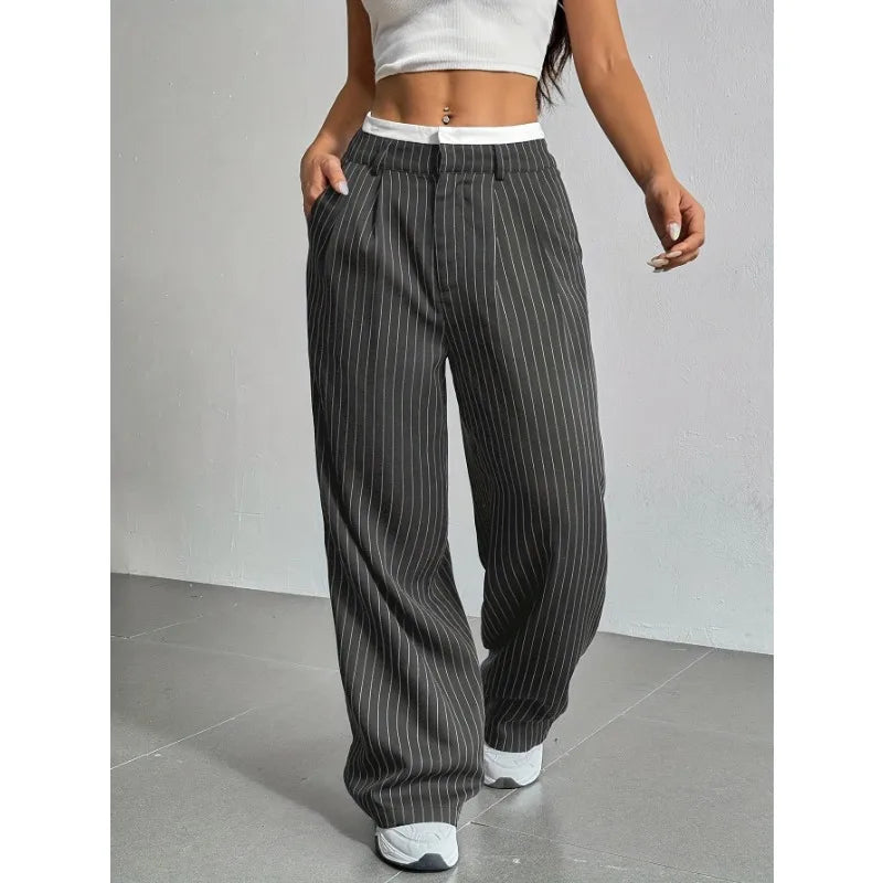 Women High Waist Striped Printed Suit Pants Office Lady Casual Loose Straight Trousers Spring Summer Female Chic Wide Leg Pants