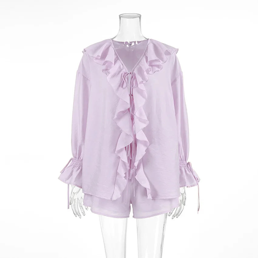Tuularose New Casual Shorts Two-piece Set Women's Ruffled Loose Tie Top Simple Shorts Set Office Lady Summer Female Shorts Set