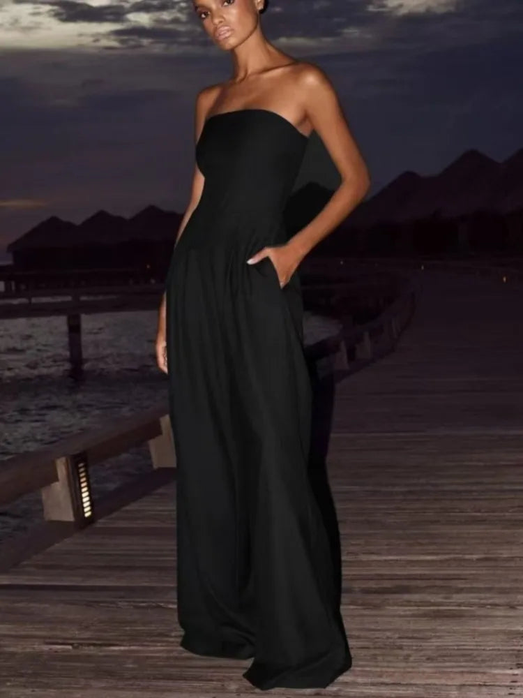 Summer Women Jumpsuit Fashion Strapless Solid Color Sleeveless Bandeau Loose Wide Legs Pants Casua Romper High Streetwear