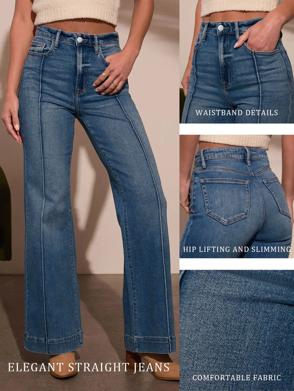 Autumn new women's dark blue high waist straight jeans slim fit wide leg version stretch denim fabric elegant intellectual jeans