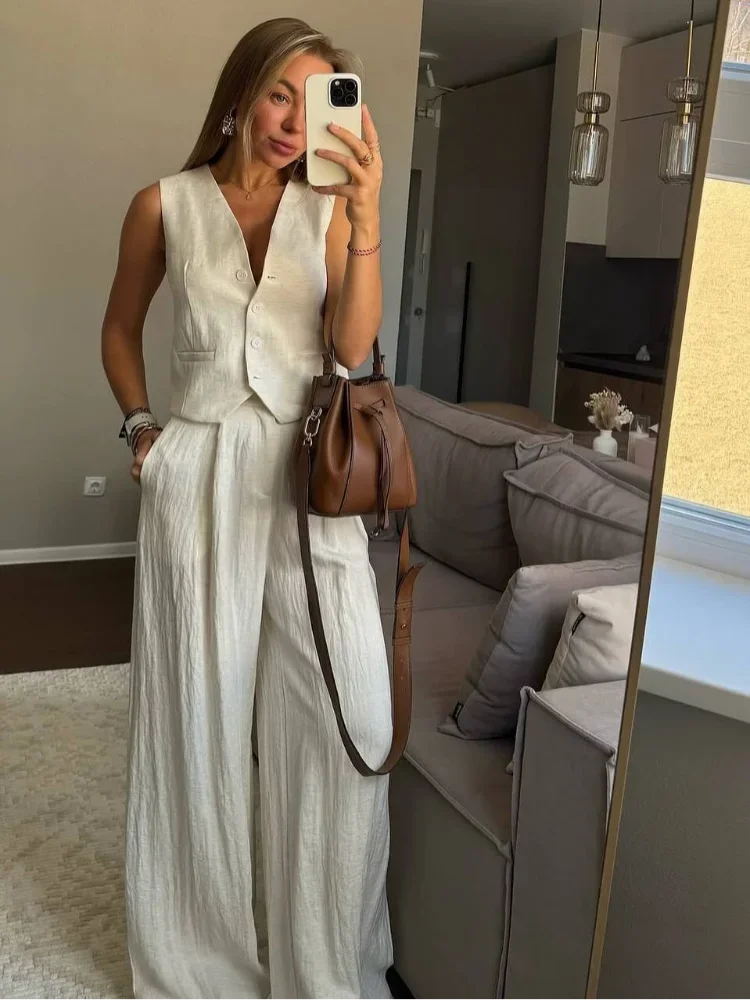2025 Women's Cotton Linen Vest Pant Set Breathable Sleeveless Deep V Neck Suit Loose Fit Casual Outfit For Commuting Daily Wear