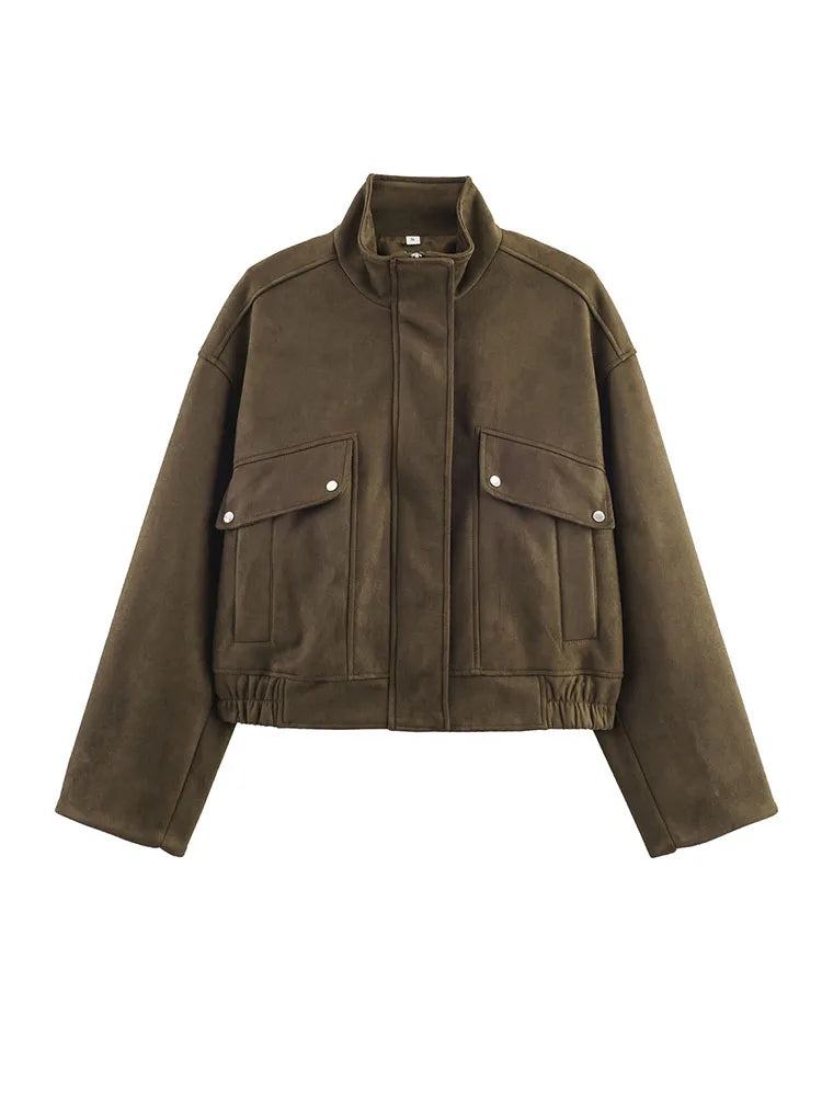 HH Autumn Elegant Women's Suede Textured Street Jacket Woman Chic Long Sleeves Zipper High Neck Pockets Design Slim Coats