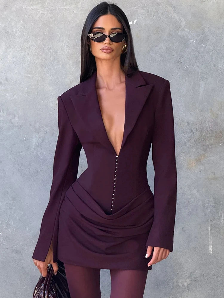 Mozision Long Sleeve Deep V Neck Ruched Sexy Mini Dress Women Autumn Winter Fashion High Waist Club Party Blazer Dresses Female