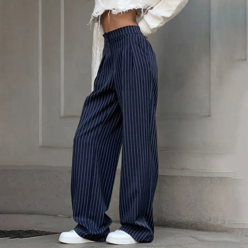 2024 New Fashion Navy Blue Striped Wide Leg Pants For Women Female Casual Drape Suit Trousers Office Ladies Full Length Pants