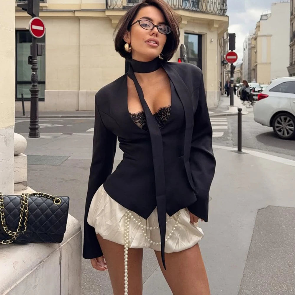 Tuularose Single Breasted Coat Women's V Neck Scarf With Long Sleeve Waist-Cinching Blazer Jacket Lady Casual Slim Commute Coat