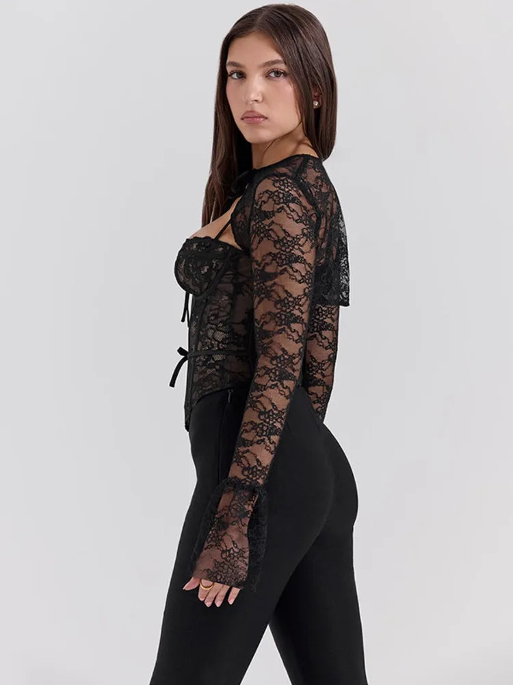 Mozision Black Lace Sexy Mini Shirts Tops Women Elegant Hollow Out Sheer Flare Long Sleeve Slim Club Party Sexy Tops Clubwear