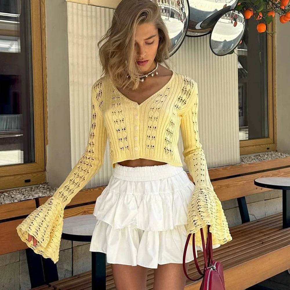 Tuularose Spring Knitted Cardigan Female Solid V-Neck Hollow Out Short Knitted Top Fashion Casual Loose Commuter Female T-Shirt