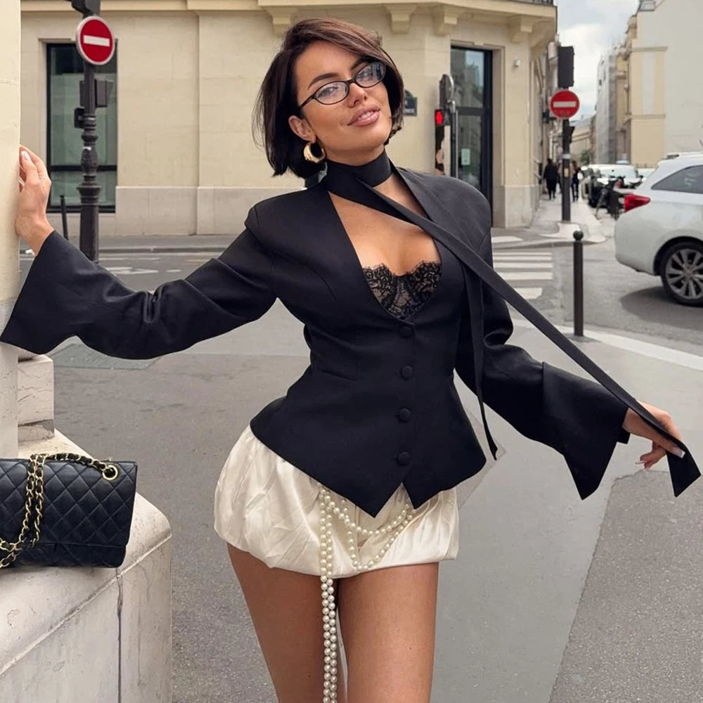 Tuularose Single Breasted Coat Women's V Neck Scarf With Long Sleeve Waist-Cinching Blazer Jacket Lady Casual Slim Commute Coat