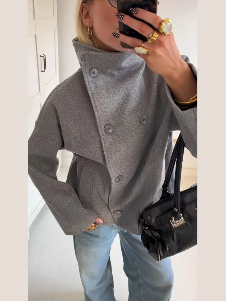 Solid Turtleneck Double-Breasted Pocket Coats Women Casual Loose Full Sleeve Female Jacket 2025 Autumn Office Lady Jackets