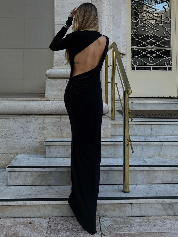 Mozision Backless Long Sleeve Sexy Maxi Dress Women Gown Autumn Winter New High Waist Pleated Club Party Long Dress Elegant