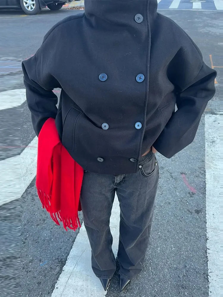 Solid Turtleneck Double-Breasted Pocket Coats Women Casual Loose Full Sleeve Female Jacket 2025 Autumn Office Lady Jackets