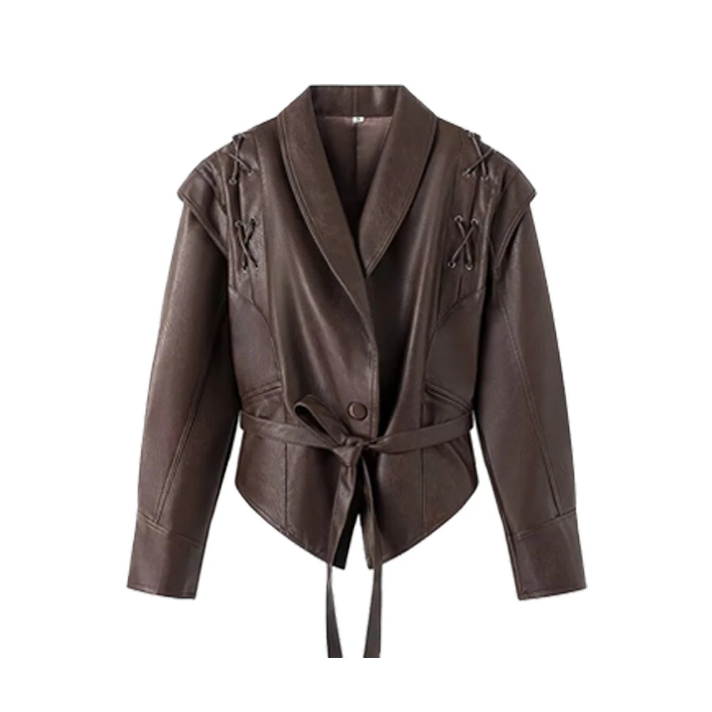 Suninheart Autumn and Winter Faux Leather Jackets for Women 2025 Dropped Shoulder Oversized Jacket Coat Belted Corset Jacket