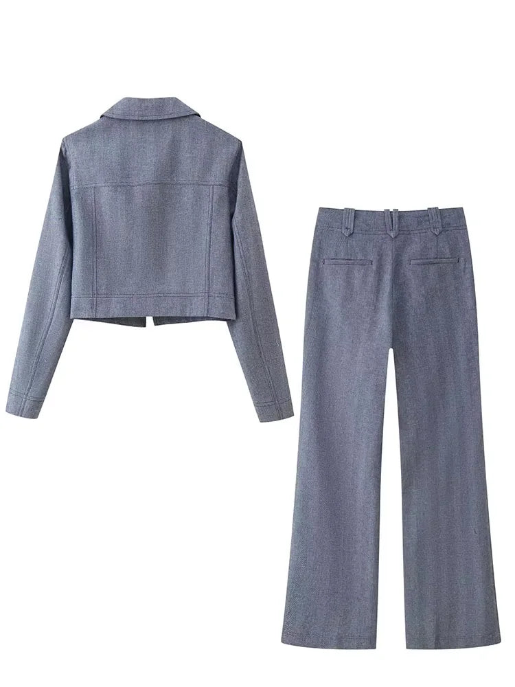 HH Autumn Women Chic Zipper Lapel Long Sleeves Short Jacket+High Waist Side Pocket Casual Loose Solid Trousers 2-Piece Set