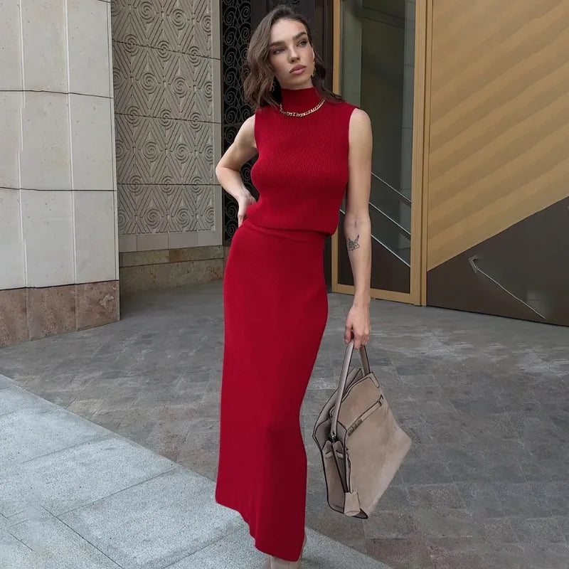 Tuularose Elegant Long Skirt Two-piece Set Women's Sleeveless Knitted Turtleneck Vest Slim Skirt Set 2025 New Fashion Skirt Set