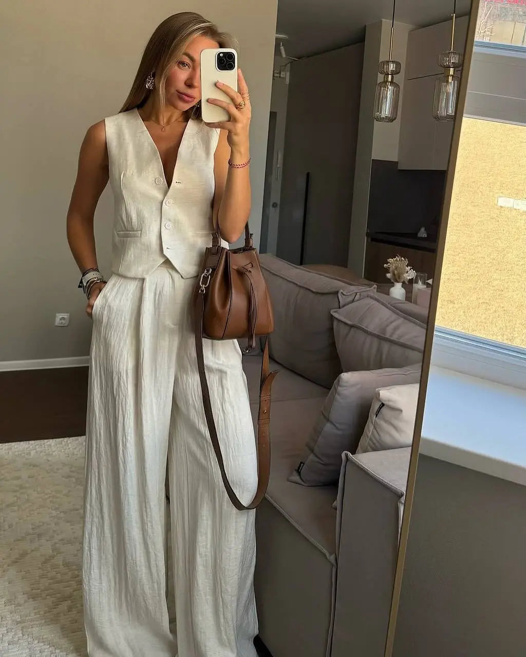2025 Women's Cotton Linen Vest Pant Set Breathable Sleeveless Deep V Neck Suit Loose Fit Casual Outfit For Commuting Daily Wear