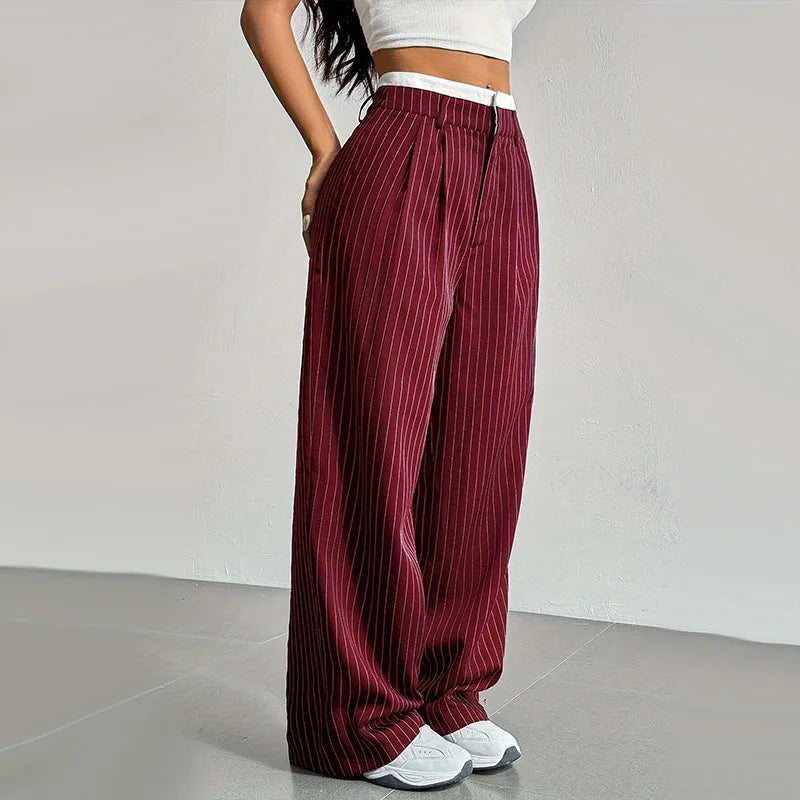 Women High Waist Striped Printed Suit Pants Office Lady Casual Loose Straight Trousers Spring Summer Female Chic Wide Leg Pants