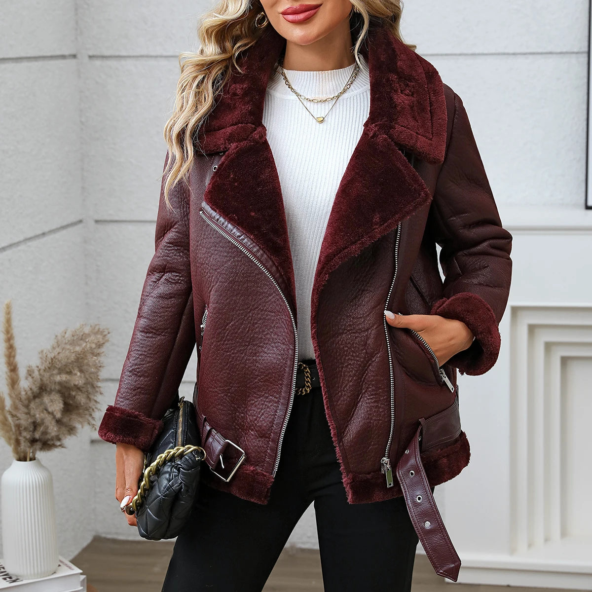 Fitaylor Winter Women Faux Fur Leather Jacket Casual Lady Thick Warm Leather Coat High Street Motorcycle Outwear