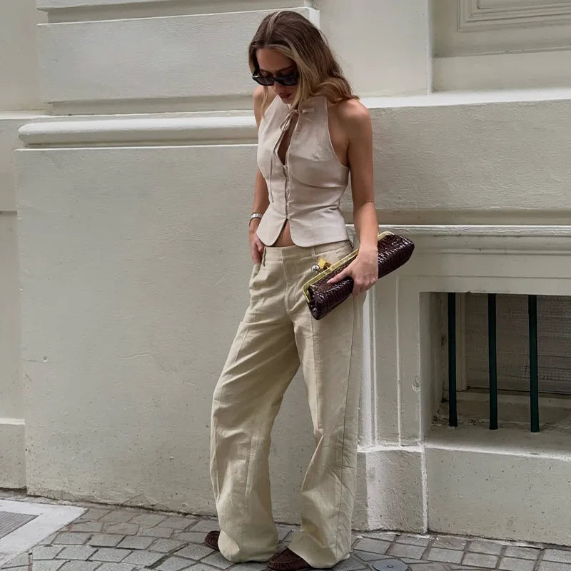 Tuularose Retro Lace Up Top For Women Sleeveless Backless Buttons O Neck Vest Top 2025 Summer New Female Fashion Slim Top Women