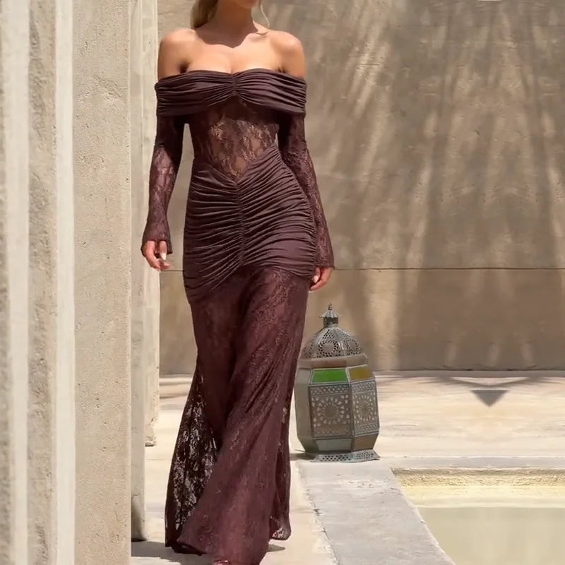 Candyhot Vintage Elegant Off Shoulder Slim Fit Hollow Out Maxi Dress Sexy Lace Print Women Autumn Fashion Evening Club Vestidos