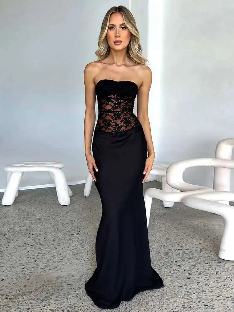 JULISSA MO Patchwork Sexy Strapless Sheer Lace Women Mermaid Dress Black Backless Maxi Dress Summer Slim Elegant Party Clubwear