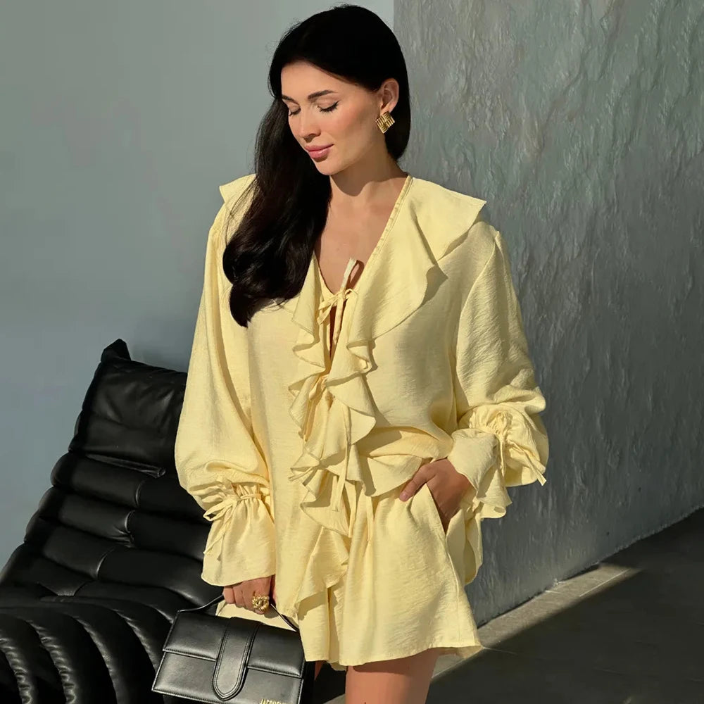 Tuularose New Casual Shorts Two-piece Set Women's Ruffled Loose Tie Top Simple Shorts Set Office Lady Summer Female Shorts Set