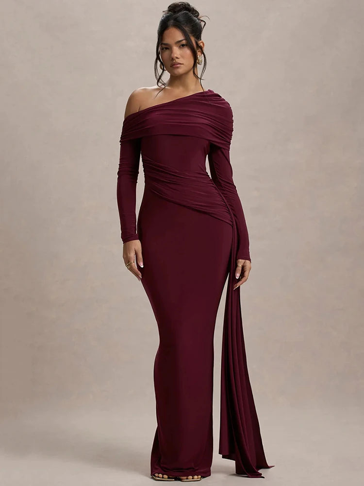 Mozision Skew Collar Long Sleeve Sexy Maxi Dress For Women Gown Fashion Backless Draped Ruched Bodycon Club Long Dress Elegant