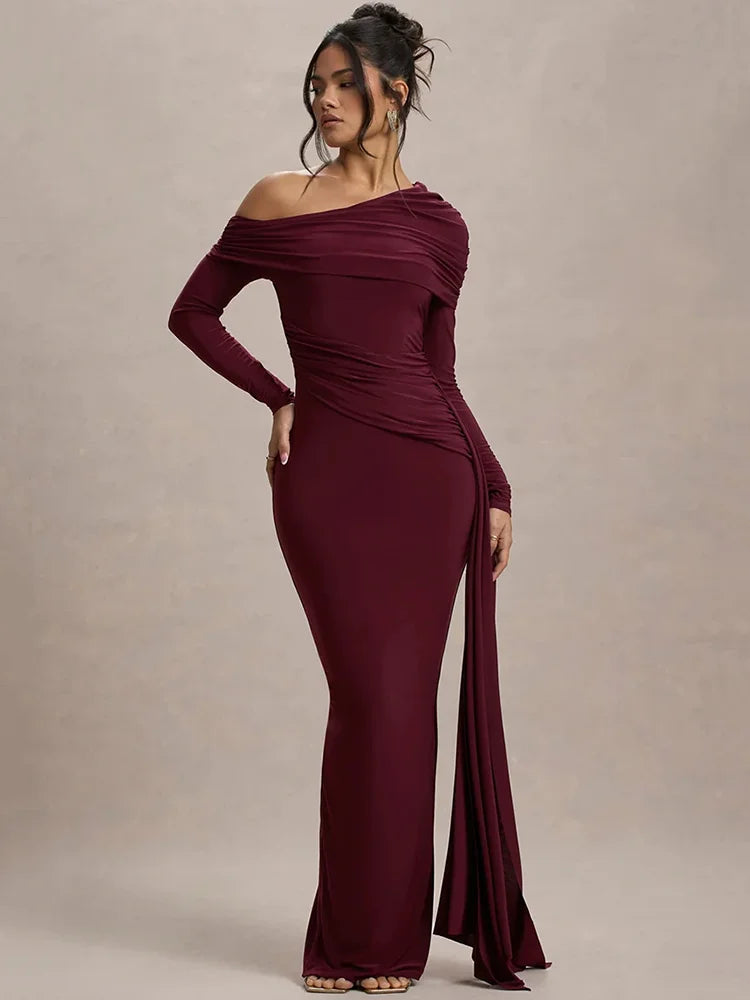 Mozision Skew Collar Long Sleeve Sexy Maxi Dress For Women Gown Fashion Backless Draped Ruched Bodycon Club Long Dress Elegant