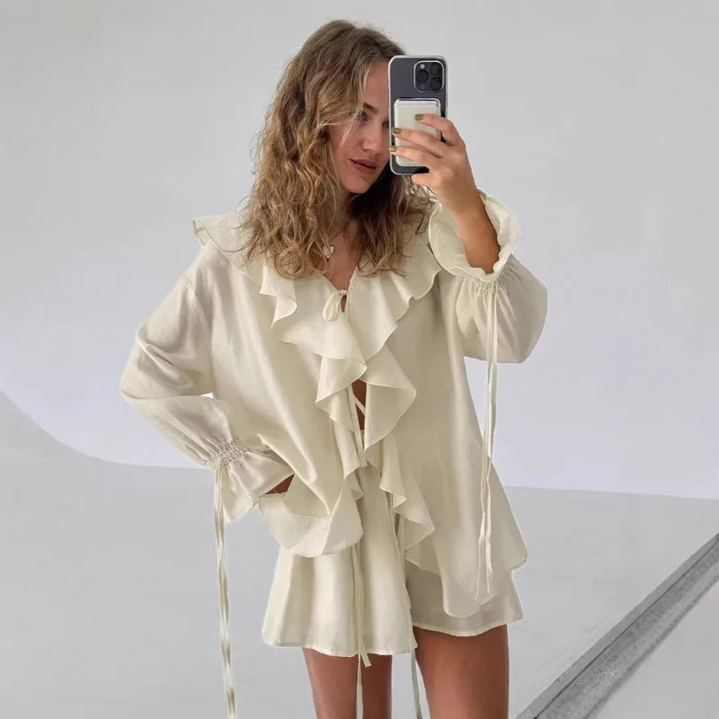 Tuularose New Casual Shorts Two-piece Set Women's Ruffled Loose Tie Top Simple Shorts Set Office Lady Summer Female Shorts Set