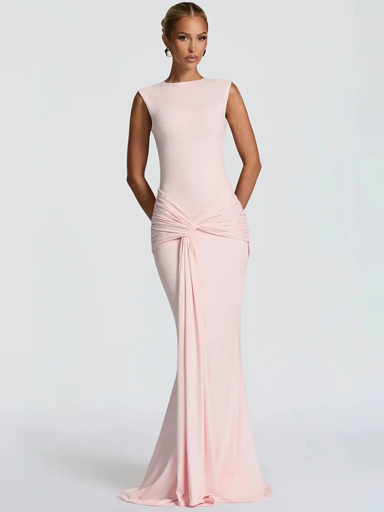 Mozision Backless Draped Ruched Sexy Maxi Dress Women Gown Elegant O Neck Sleeveless High Waist Skinny Club Party Long Dresses