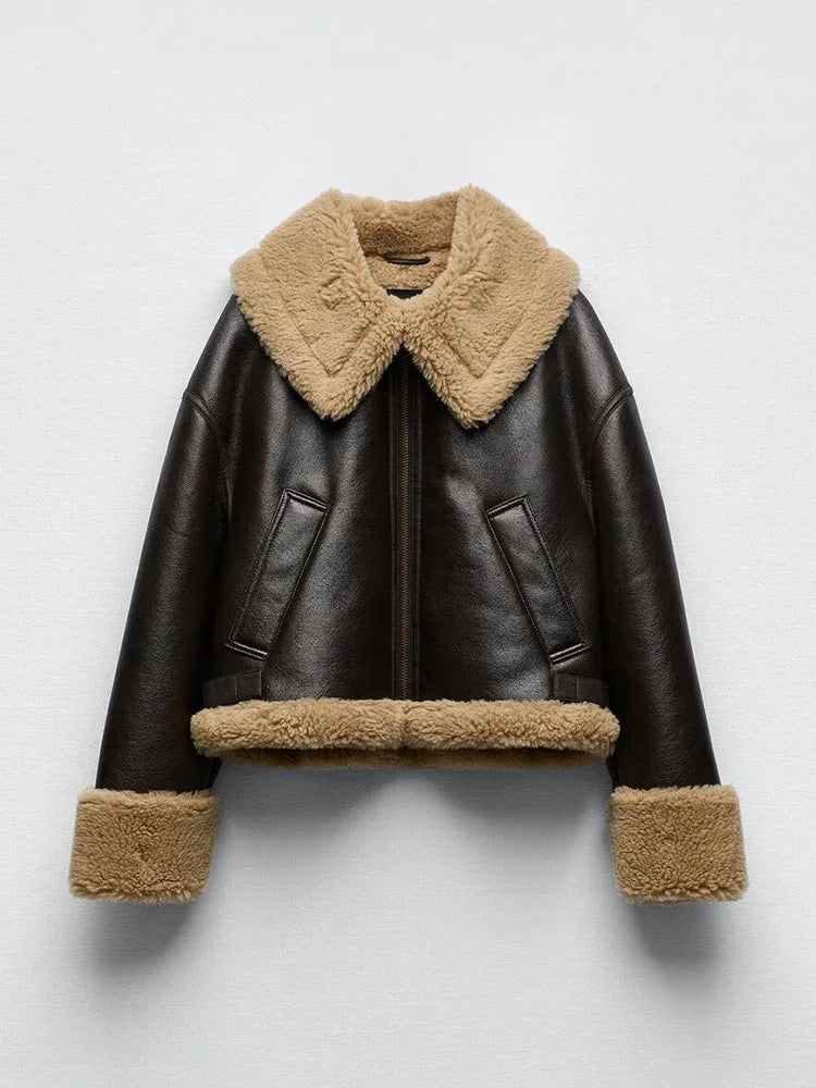 New Women Thick Warm Faux Leather Fur Jacket Autumn Winter Female Streetwear Moto Biker Zipper Coat Vintage Outwear 2025