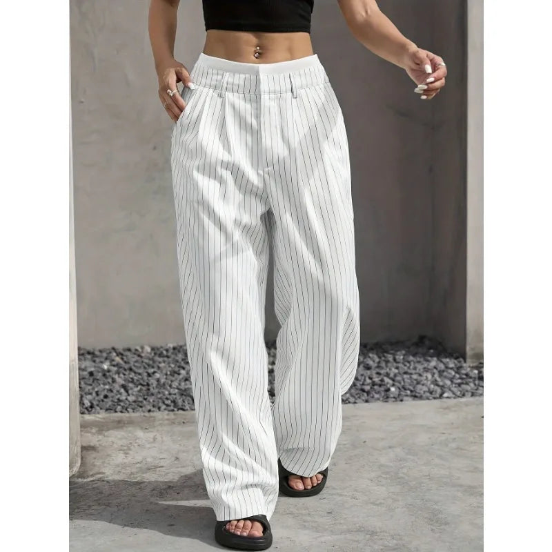 Women High Waist Striped Printed Suit Pants Office Lady Casual Loose Straight Trousers Spring Summer Female Chic Wide Leg Pants