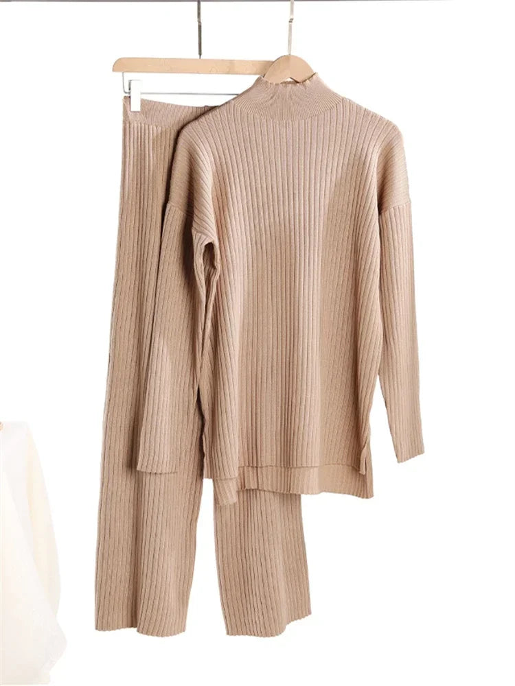 2024 wool  Autumn Winter 2 Pieces Women Sets Knitted Tracksuit Turtleneck Sweater and Straight Jogging Pants Suits