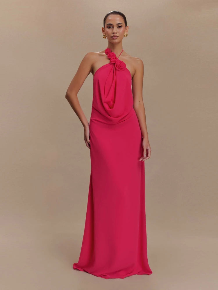 Sexy Halter Neck Flower Patchwork Long Dress Summer Women Sleeveless Backless Lace-up Slim Dresses Club Party Evening Gowns