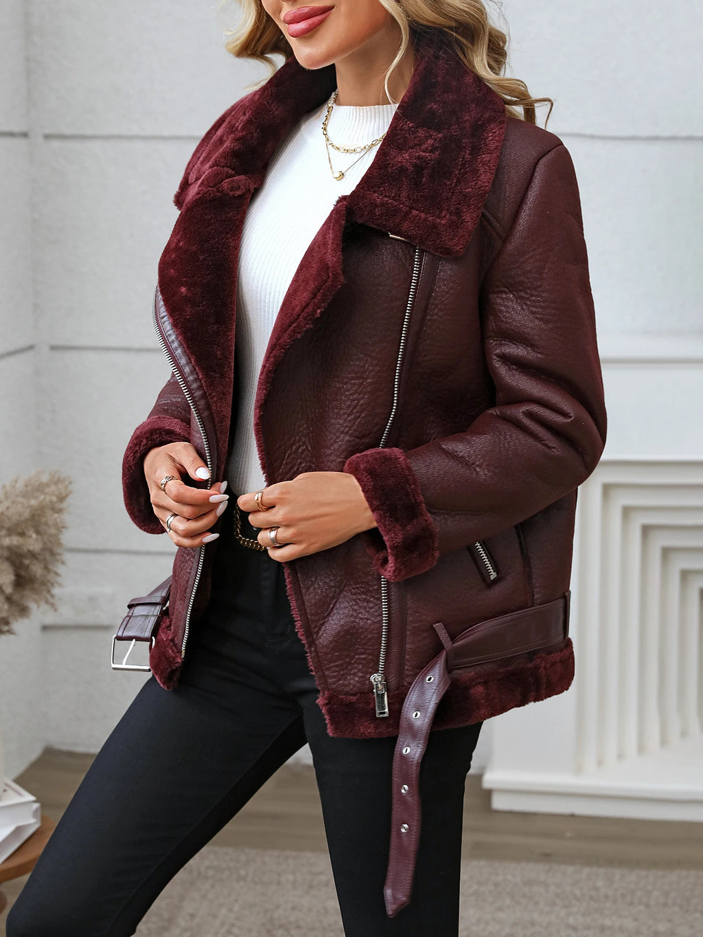 Fitaylor Winter Women Faux Fur Leather Jacket Casual Lady Thick Warm Leather Coat High Street Motorcycle Outwear