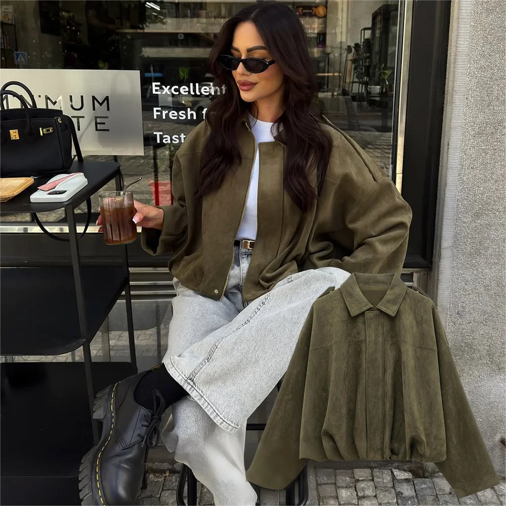 KONDALA Casual Soft Martini Green Bomber Jackets Women Long Lantern Sleeve Oversized Autumn Winter Coats Fashion 2025 Outwears