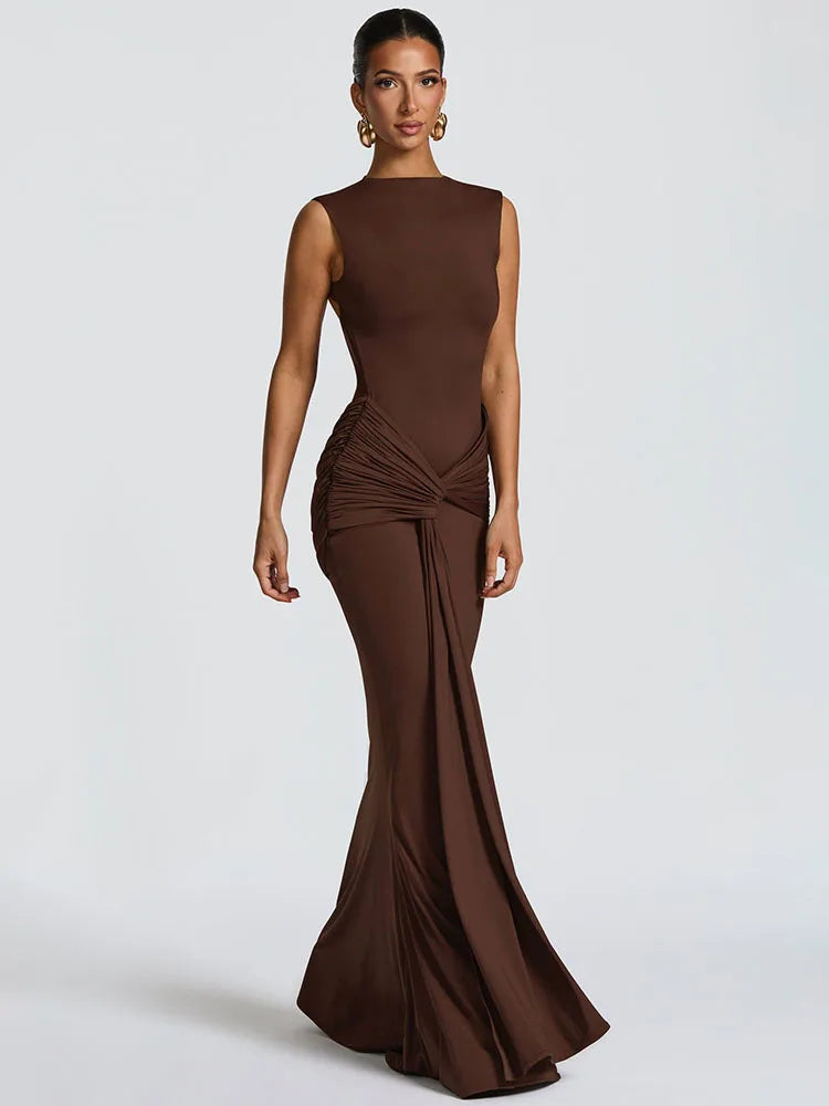 Mozision Backless Draped Ruched Sexy Maxi Dress Women Gown Elegant O Neck Sleeveless High Waist Skinny Club Party Long Dresses