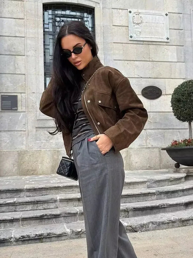 HH Autumn Elegant Women's Suede Textured Street Jacket Woman Chic Long Sleeves Zipper High Neck Pockets Design Slim Coats