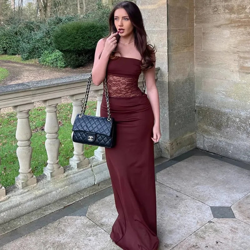 Tuularose Spring Lace Long Dress Women's Solid Spaghetti Straps Backless See Through Long Dress Sexy High Waist Vintage Dresses