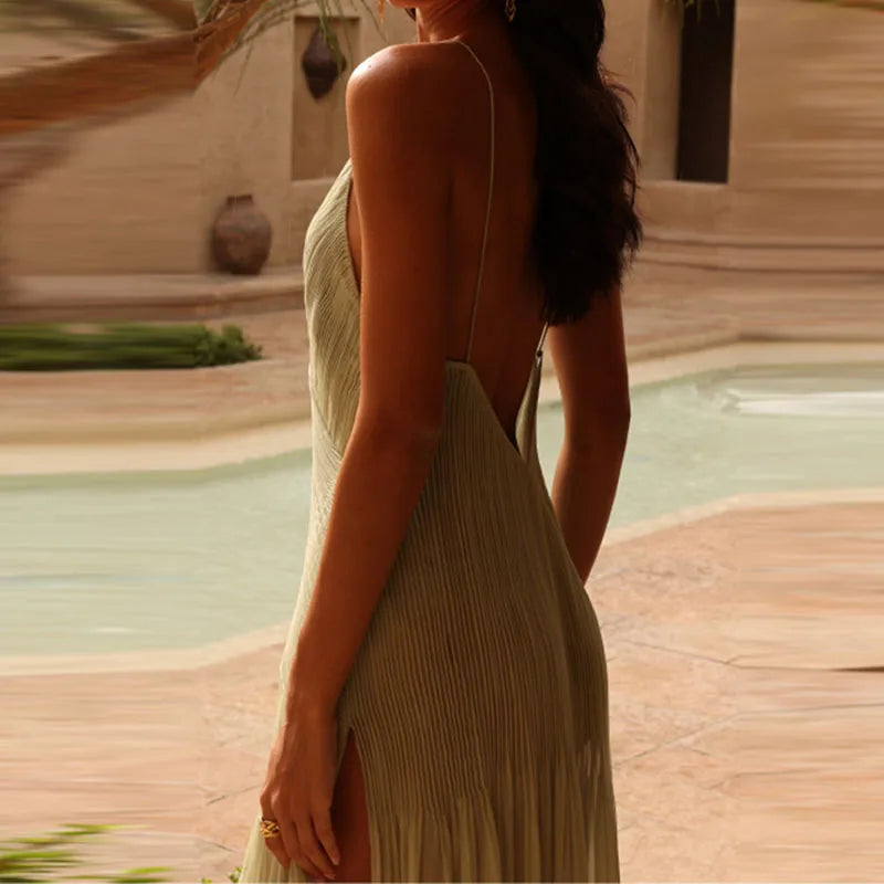 Simple Sexy Deep V Neck Pleated Evening Dress Women Spring Solid Rib Side Split Long Dress 2024 Summer Backless Sling Maxi Dress