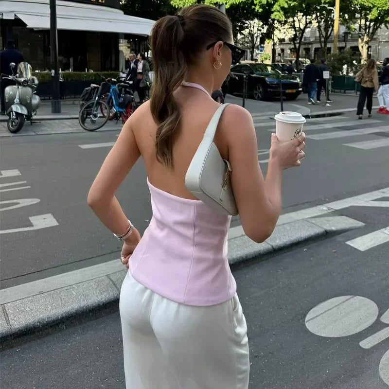 Tuularose Bow Backless Vest Women Summer Sleeveless Halter Hollow Top Elegant Slim Skirt New Y2k Female Tanks  Short Top Office