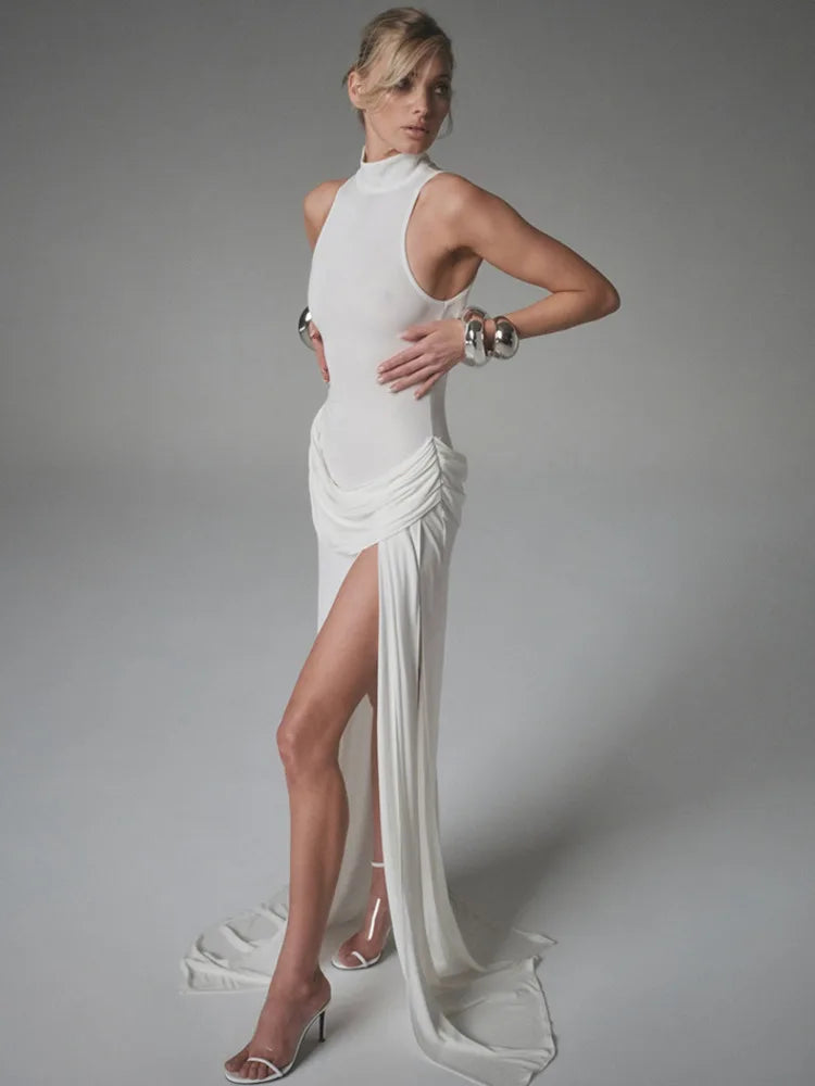 Mozision Summer Split Maxi Tank Dress Women Gown Fashion Solid Elegant High Waist Ruched Slim Evening Club Party Long Dress