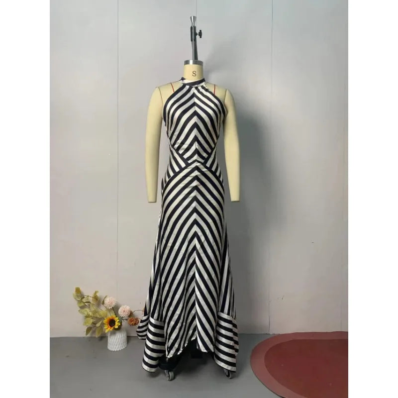 Summer Women Stripe Guest Mermaid Dress Elegant Halter Backless Corset Slim Cocktail Party Evening Celebrity Dress Prom Gown