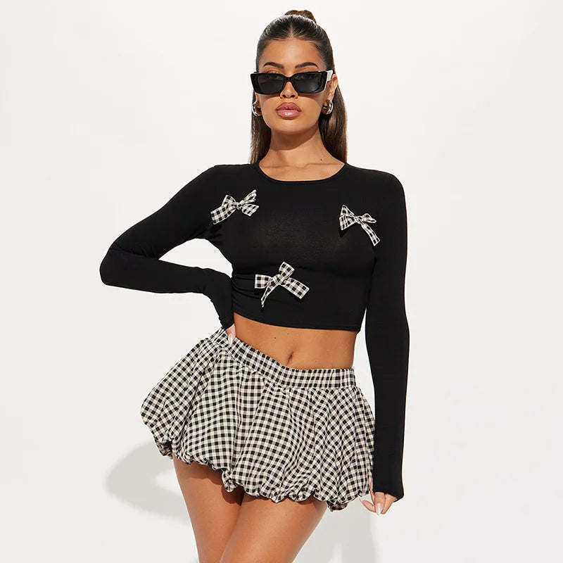 2025 Autunmn Sweet 2 Piece Sets Women Outfit Y2k Streetwear Long Sleeves Bow Patchwork Crop Top Bubble Puff Skirt Fashion Suits